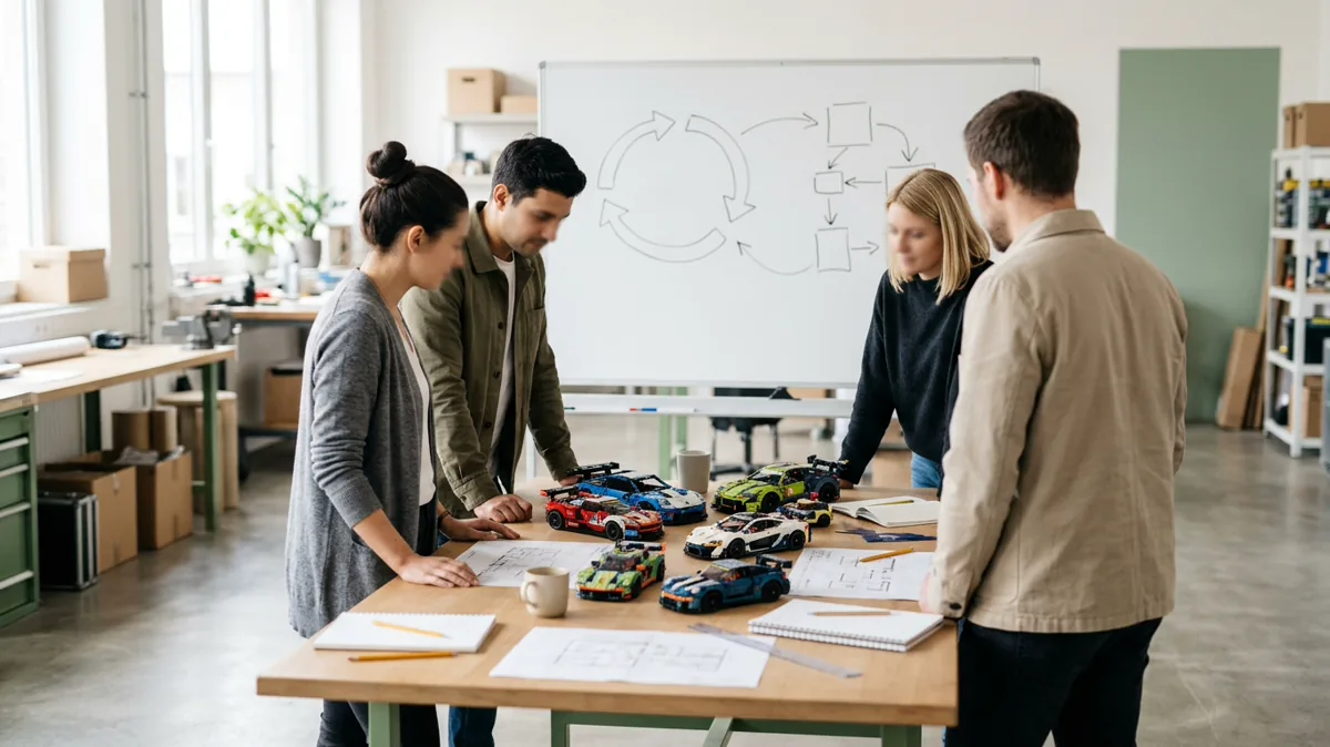 Team arbeitet an einem Tisch mit LEGO-Modellen an einem Lean-Planspiel