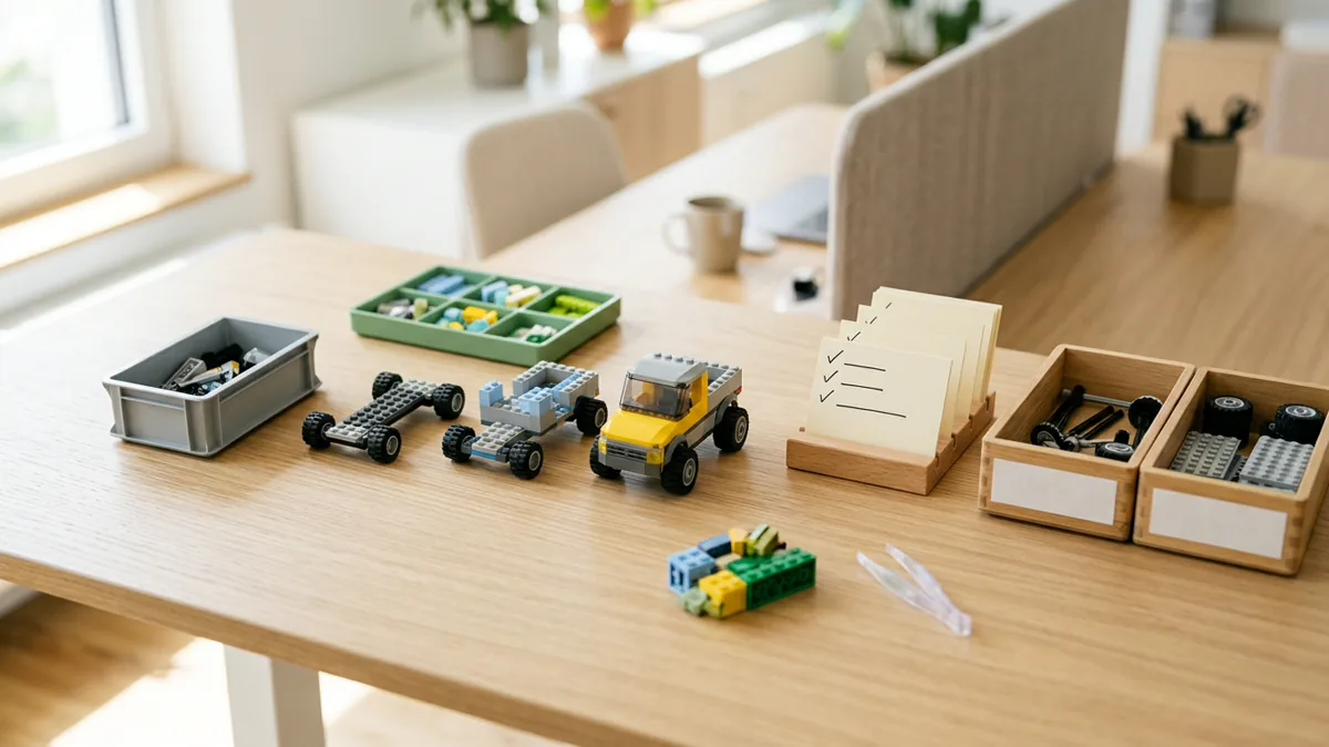 Tisch mit LEGO-Fahrzeugmodellen und Kanban-Karten für eine Lean-Simulation