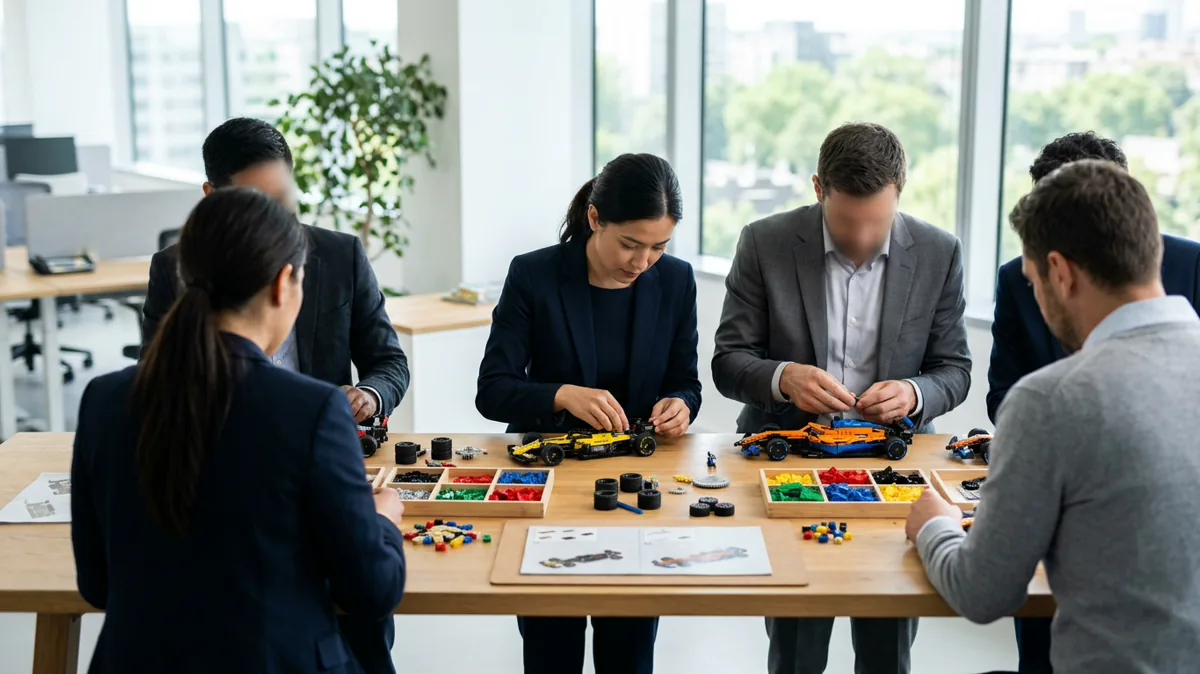 Führungsteam baut gemeinsam LEGO-Rennwagen in einer simulierten Produktionslinie
